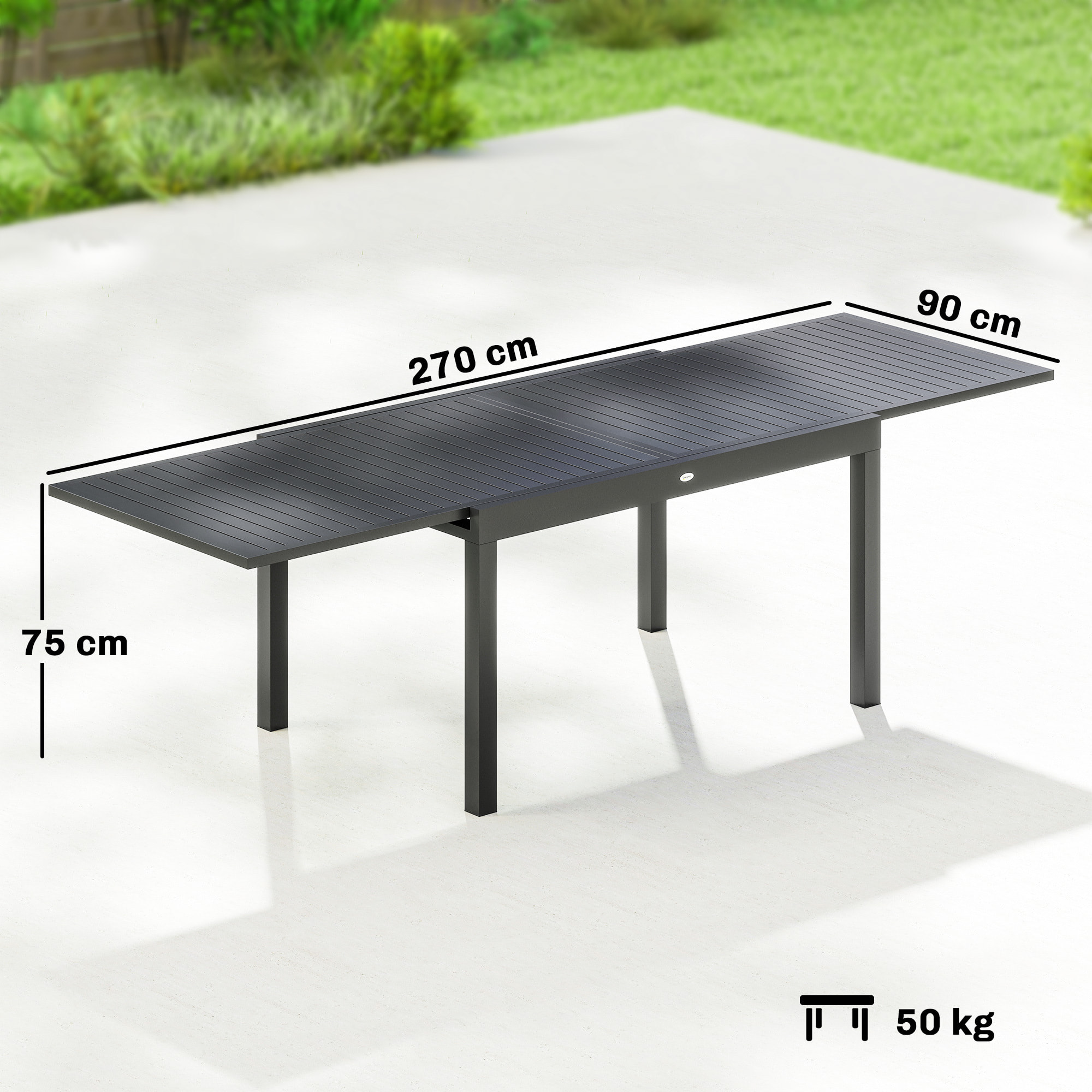 Mesa de Jardín Extensible 135/270x90 cm, Mesa de Comedor Exterior Extensible Rectangular de Aluminio, con Superficie de Lamas para 6-10 Personas, para Patio, Terraza, Gris Oscuro