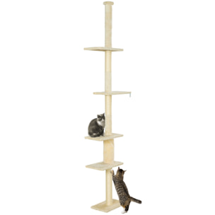 Árbol para Gatos de Suelo a Techo 225-275 cm Árbol Rascador para Gatos Torre para Gatos con Múltiples Plataformas Sistema de Antivuelco Crema