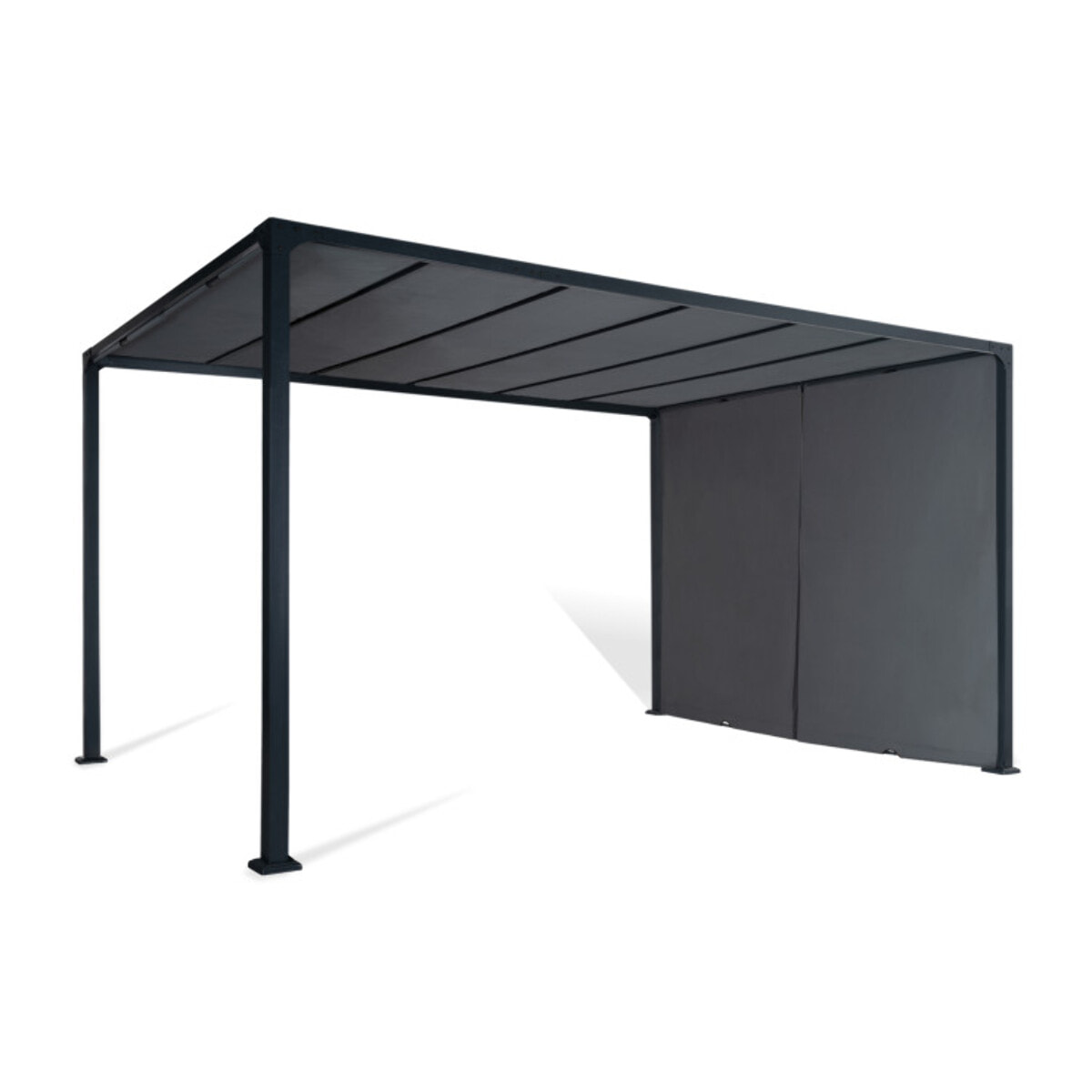 Pergola 3x4m + 2 toiles latérales coulissantes grises