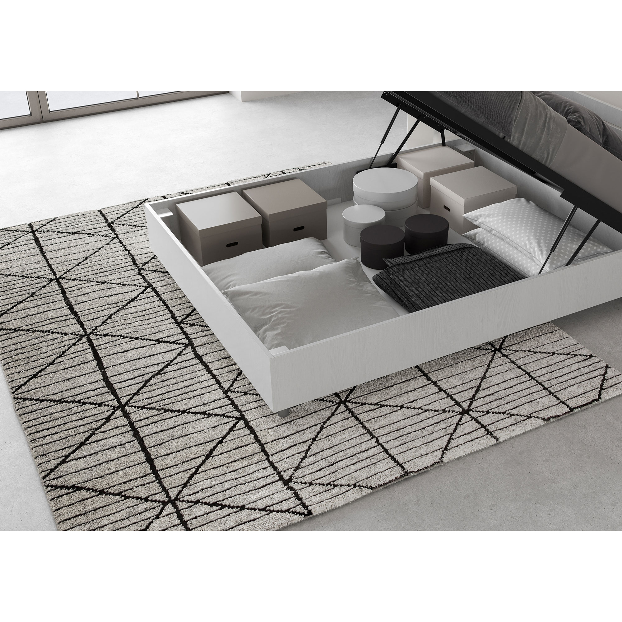 Letto matrimoniale francese contenitore 140x190 testata inclinata con doghe bianco frassino Ankel