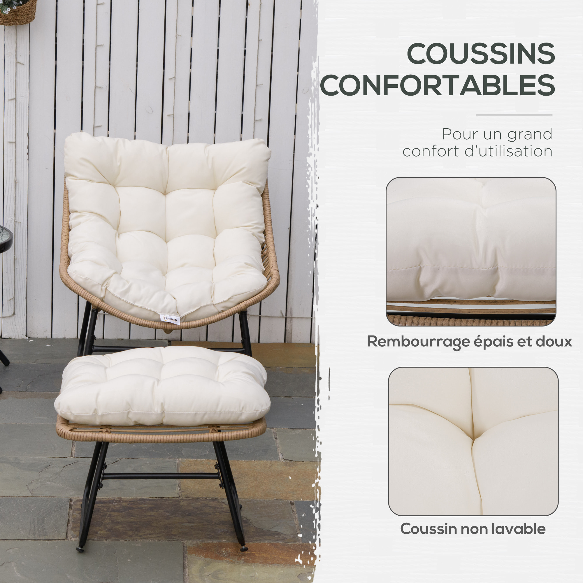 Fauteuil de jardin avec repose-pieds - 2 coussins polyester inclus - métal époxy résine tressée aspect rotin beige