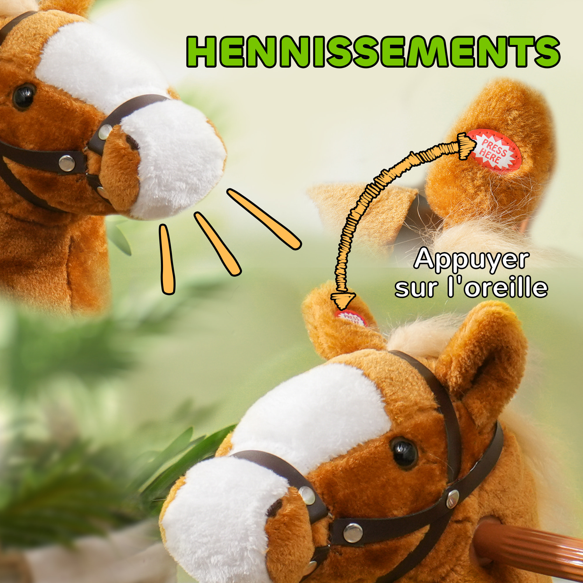 Porteur cheval pour enfant +3 ans cheval debout en peluche 4 roulettes effet sonore marron blanc