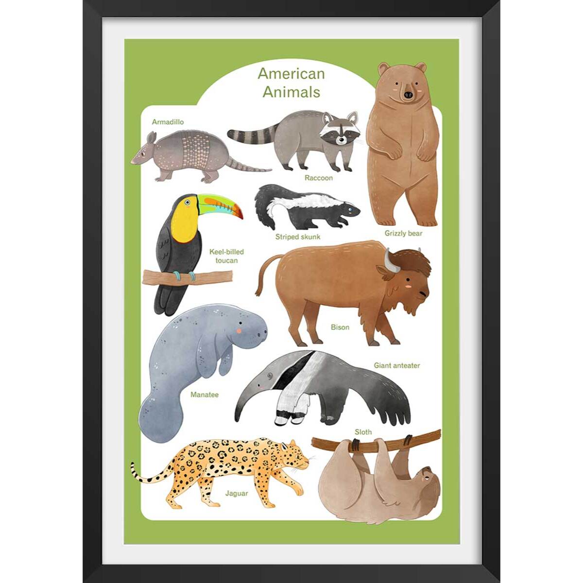 Affiche enfant animaux d'amérique  Affiche + cadre en bois - Noir