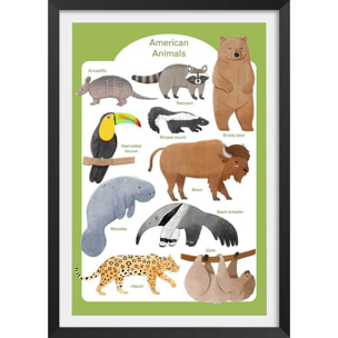 Affiche enfant animaux d'amérique  Affiche + cadre en bois - Noir