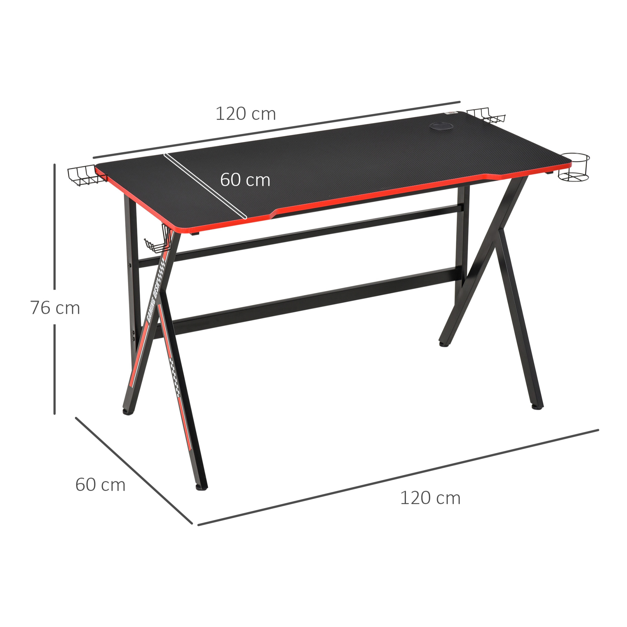 HOMCOM Bureau gaming racing bureau gamer bureau informatique bracket supports casque enceintes porte-gobelet métal plateau MDF texture carbone rouge noir