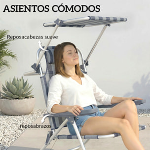 Pack de 2 Sillas de Playa Plegables con Dosel Ajustable, Respaldo Reclinable en 6 Posiciones y Reposacabezas, Sillas Bajas Portátiles con Brazos Carga 120kg para Acampada Jardín Azul y Blanco
