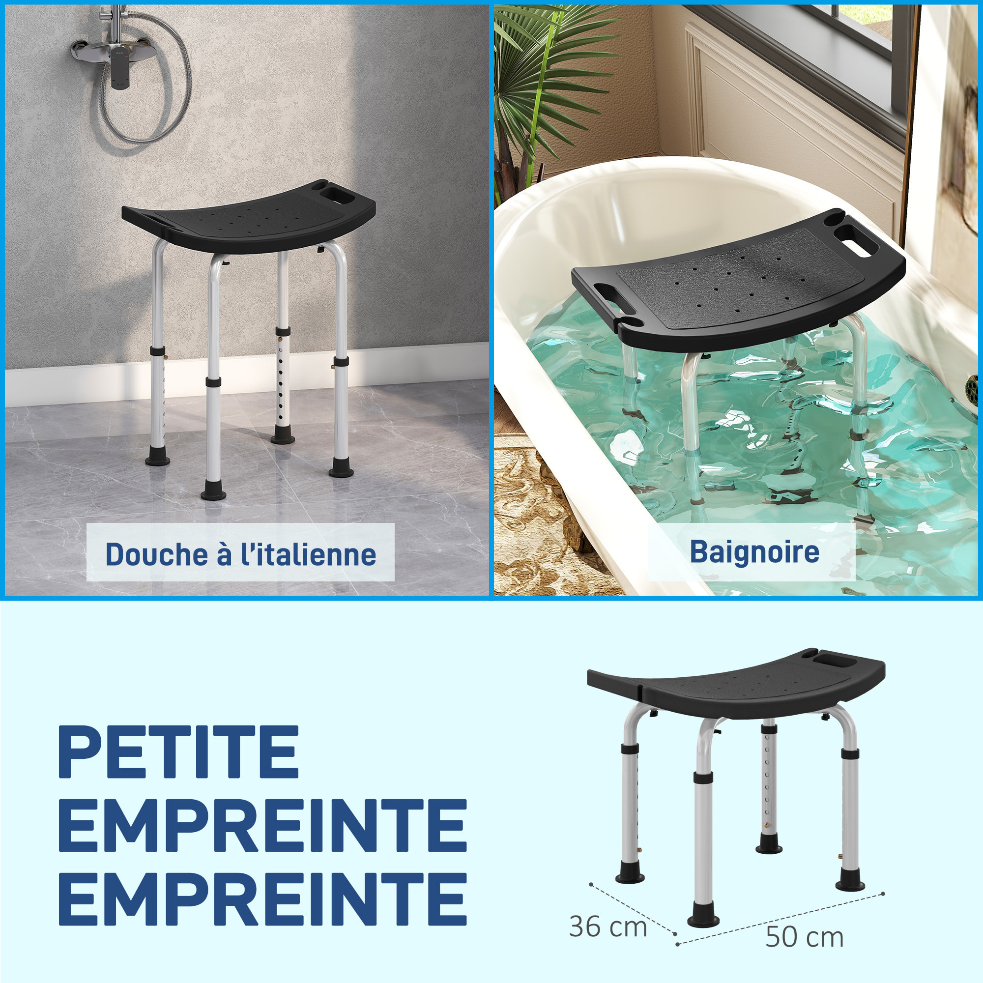 Tabouret de douche réglable antidérapant alu plastique noir