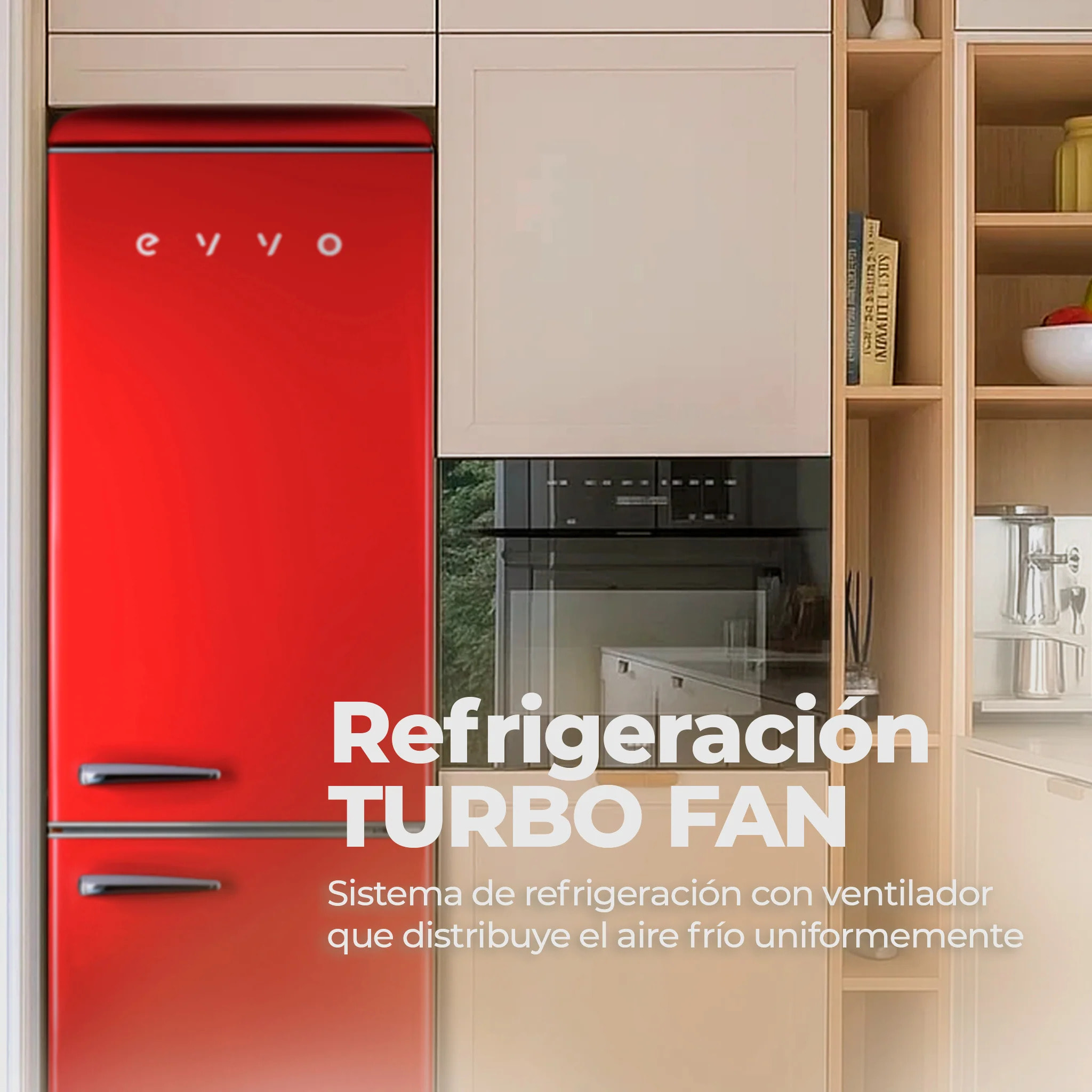 EVVO Frigorífico combi F55 Retro Rojo, refrigerador 216 litros, congelador 84 litros, diseño vintage, cajón Crisper Zone, Turbo fan, libre de gas CFC, silencioso