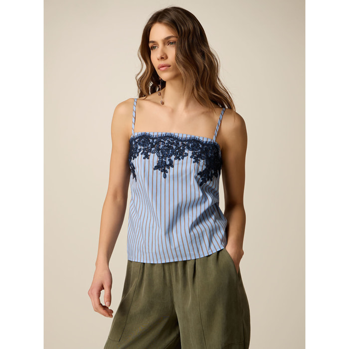 Oltre - Top in popeline a righe con pizzo - Azzurro