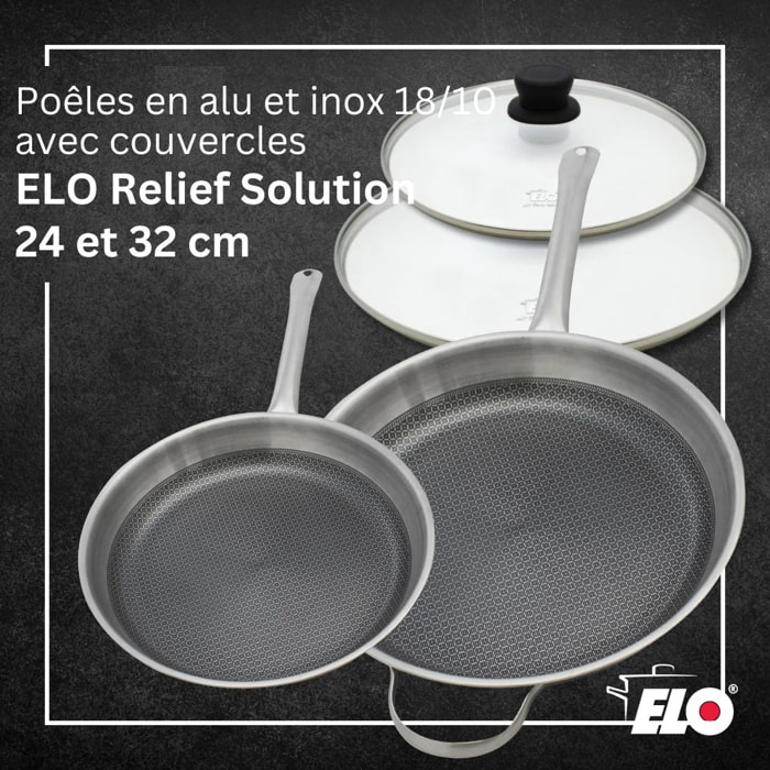 Lot de 2 poêles de 24 et 32 cm avec couvercles Elo Relief Solution sans PFAS