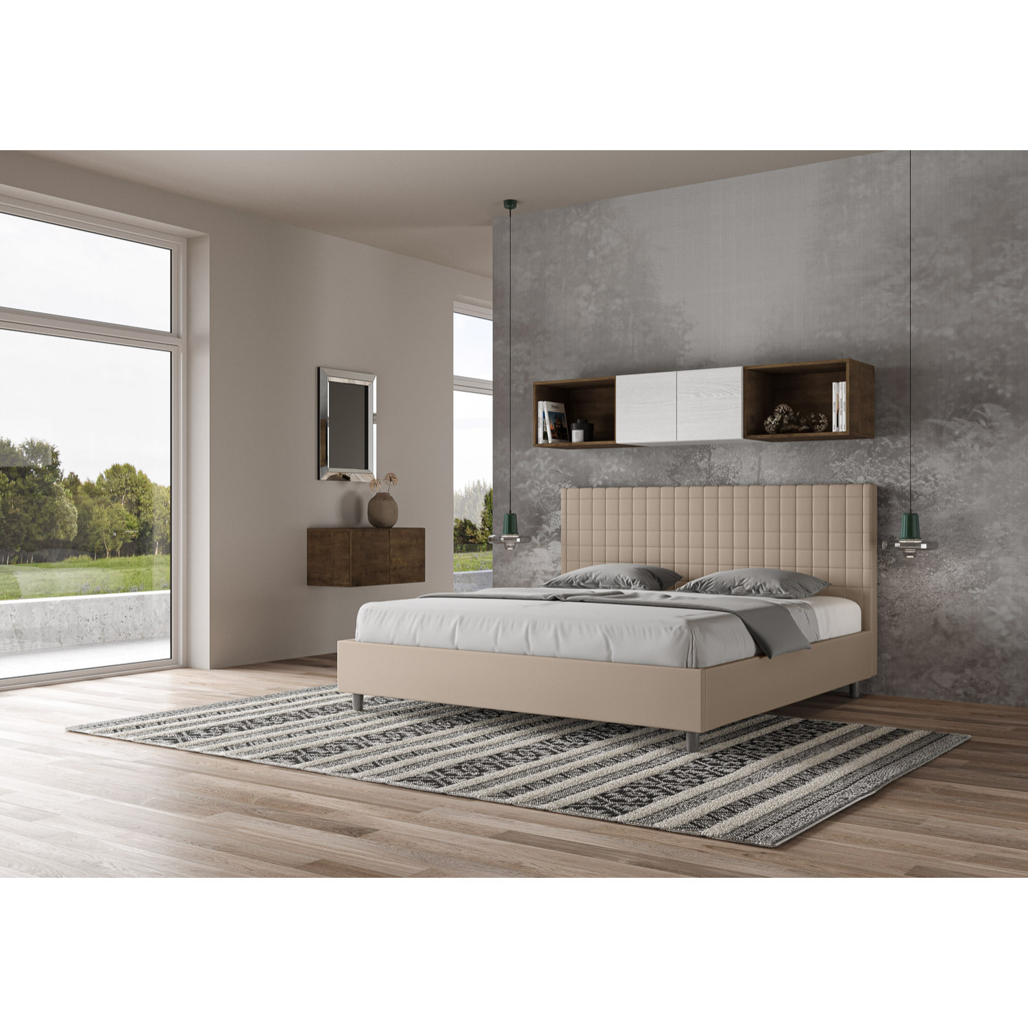 Lit king size coffre rembourré 200x210 similicuir taupe Sunny