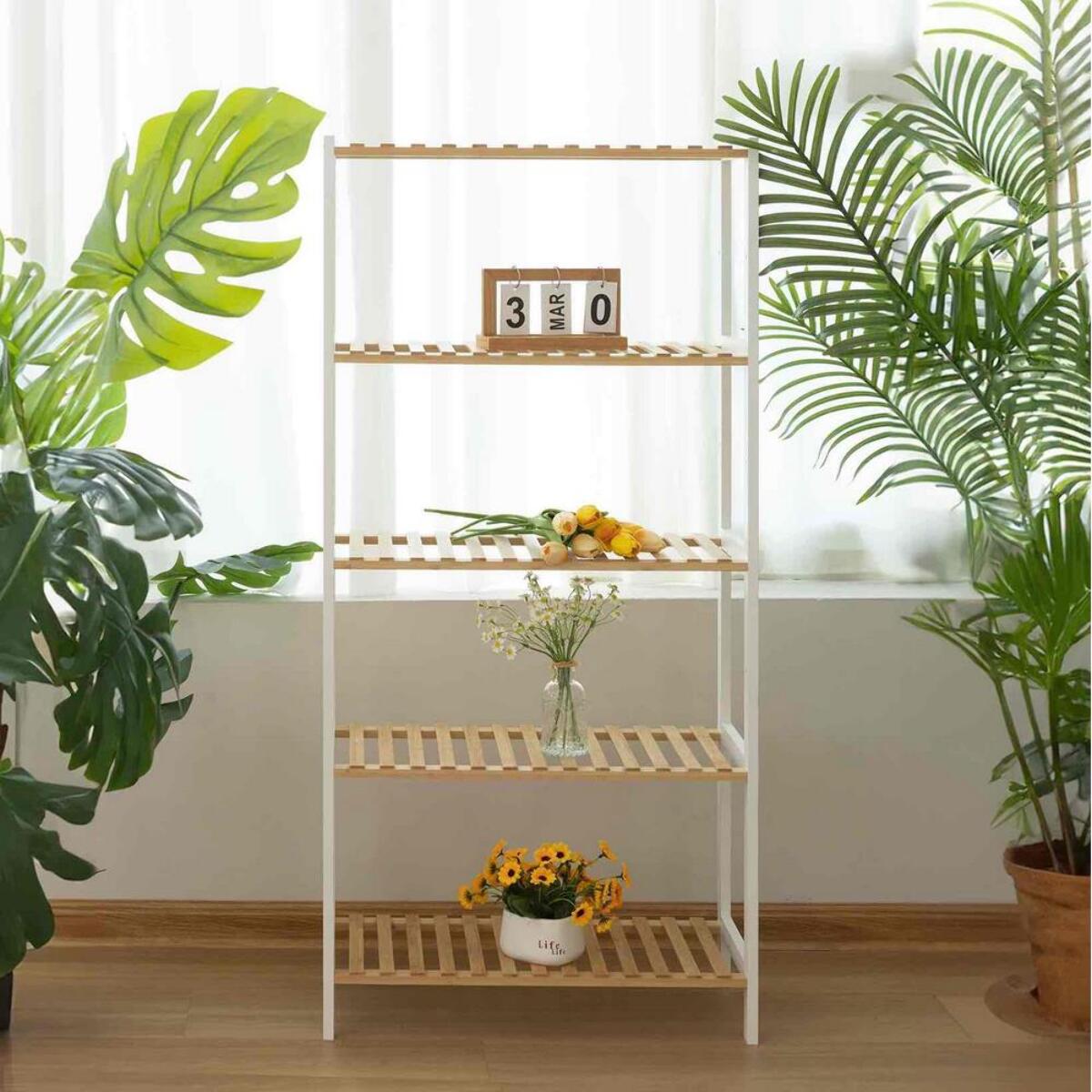 Scaffale 5 ripiani in bambù con laterali bianchi 60x26x130 cm