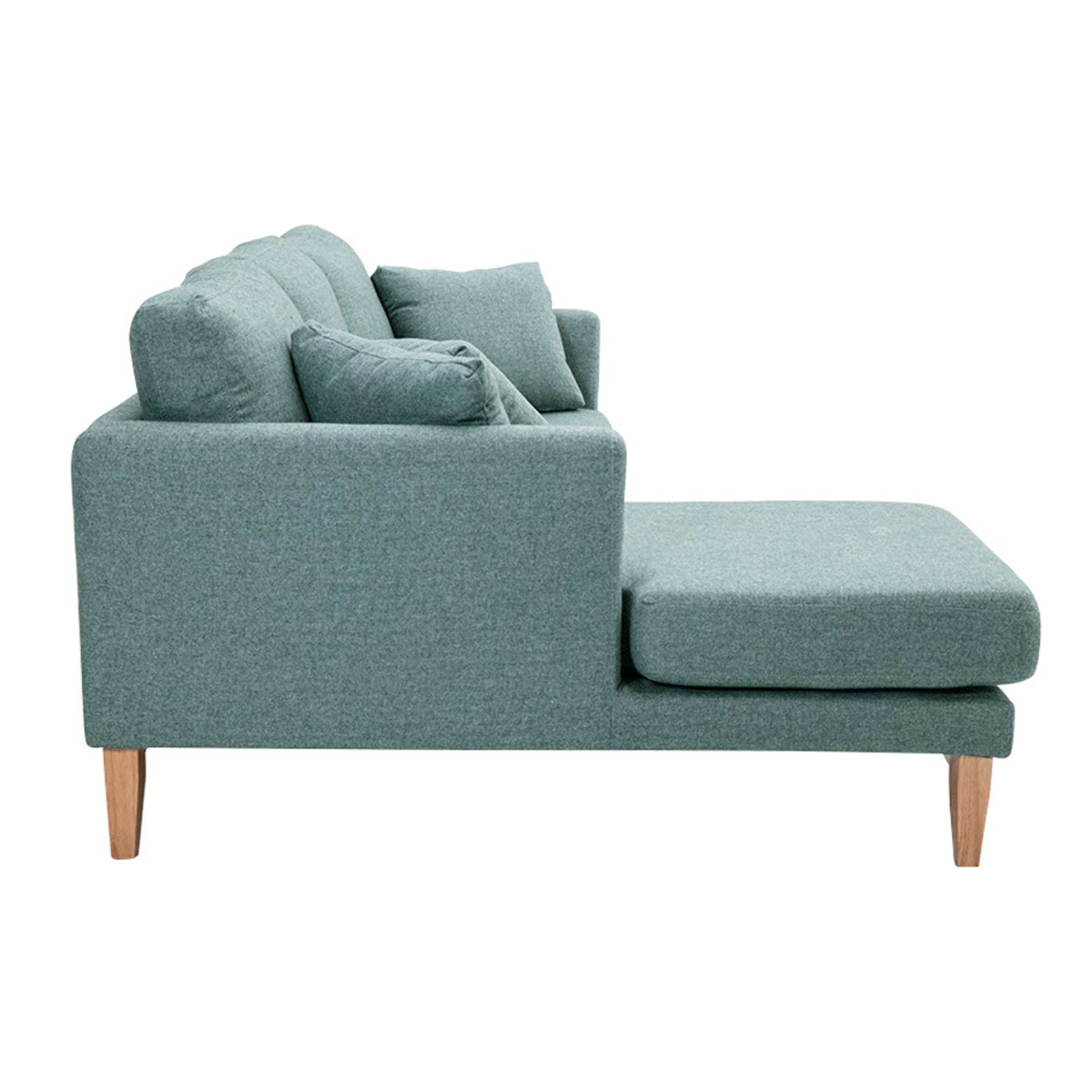 Canapé d'angle gauche déhoussable scandinave en tissu vert de gris et bois clair 3-4 places OSLO