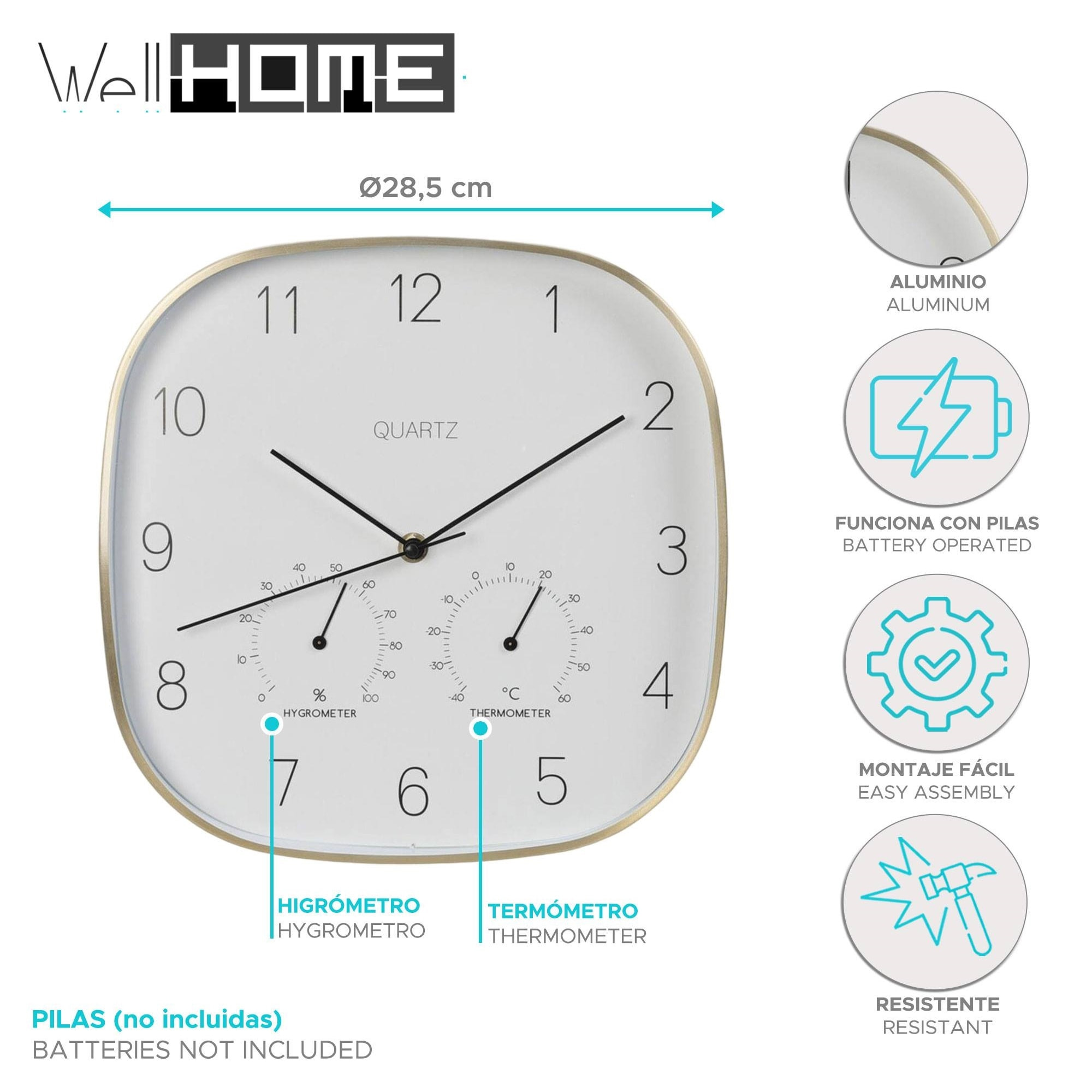 Well home reloj de pared marco dorado ø28,5x4cm