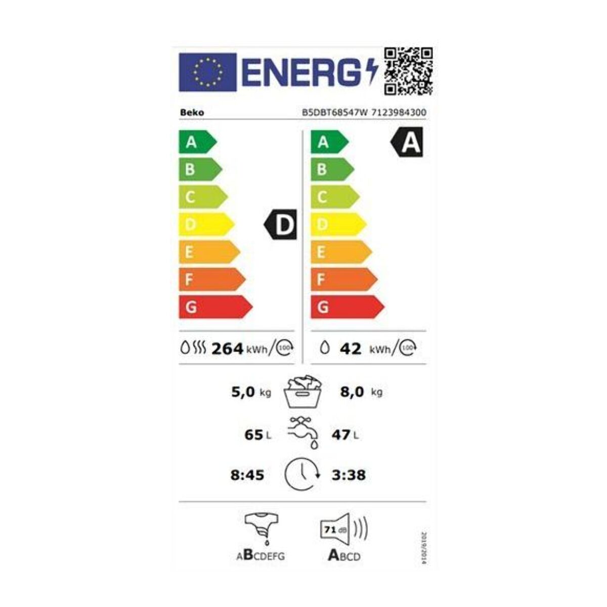 Lave linge séchant hublot encastrable BEKO B5DBT68547W