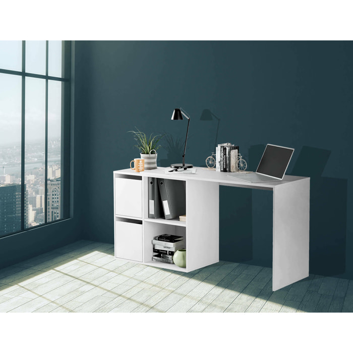 Scrivania Ascona, Scrittoio multifunzione modulare con scaffale, Tavolo da studio o ufficio multiposizione con montaggio ad angolo, 152x49h74 cm, Bianco
