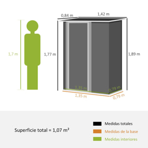 Caseta de Jardín 1,07 m² 142x84x189 cm Cobertizo Exterior Metálico con Puerta Cerradura y Orificios de Drenaje para Almacenamiento de Herramientas Marrón