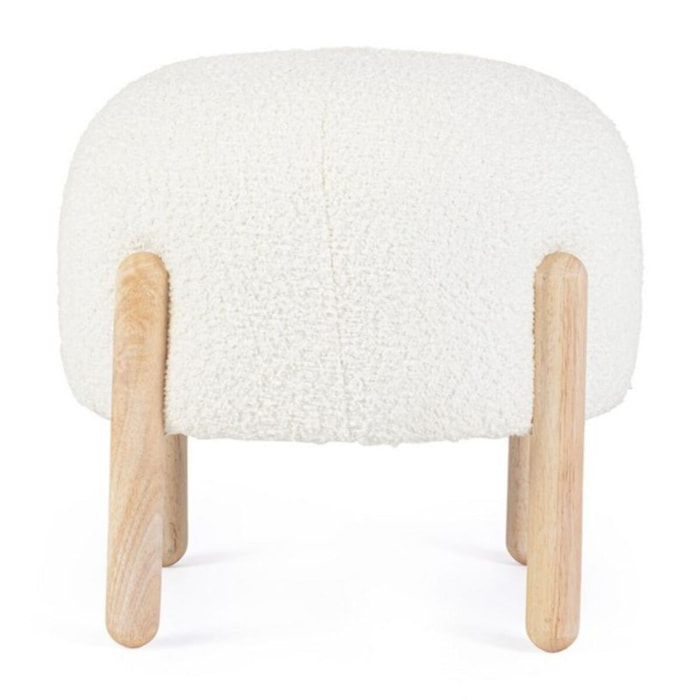 Pouf DAYLA in tessuto bianco effetto bouclé e gambe in legno rubber wood