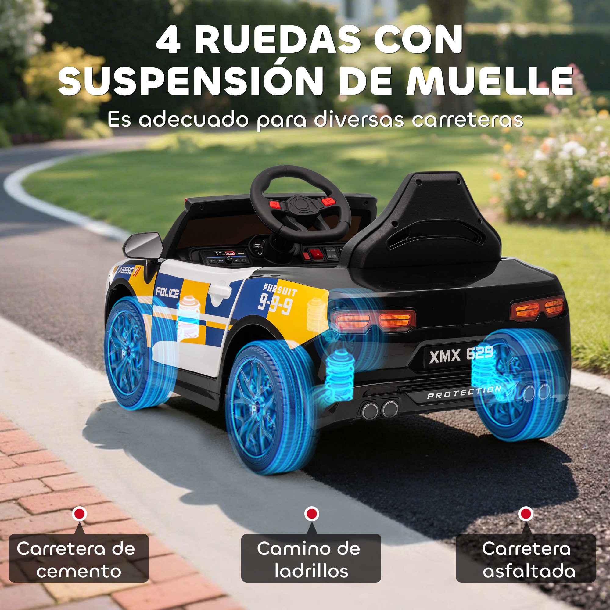Coche Eléctrico para Niños de Policía, Coche de Batería para Niño de +3 Años 12V, con Mando a Distancia 2,4G, Luces, Sirena, Música, USB, Suspensión de Muelle, Multicolor