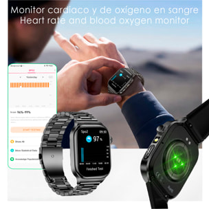 Smartwatch TK18. Llamadas Bluetooth con funciones avanzadas de salud: medición de glucosa, lípidos y ácido úrico, temperatura corporal, ECG, EDA, micro examen físico y composición corporal.