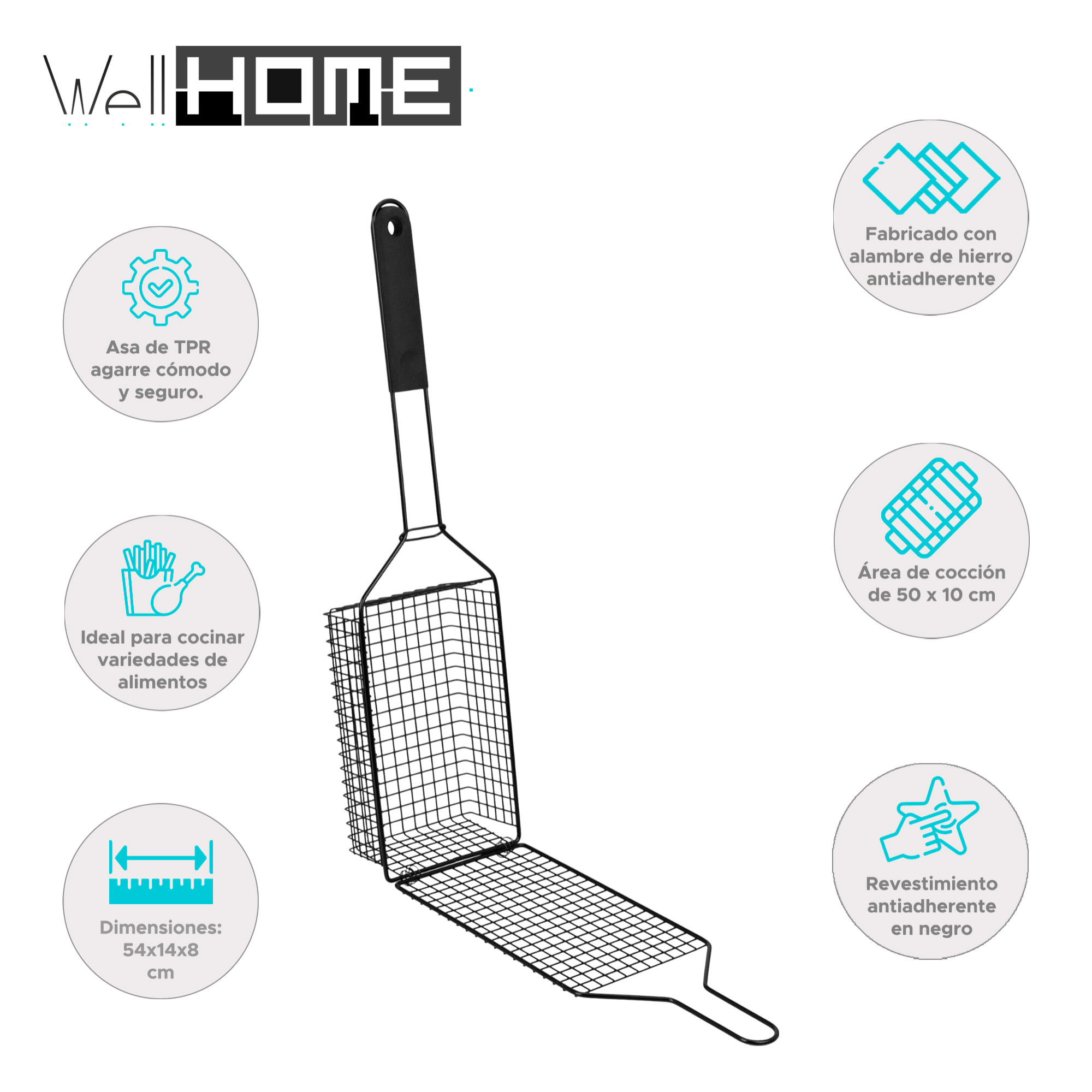 Well home parrilla-cesto bbq antiadherente negra 54x14x8cm