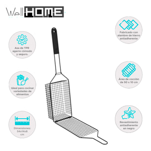 Well home parrilla-cesto bbq antiadherente negra 54x14x8cm