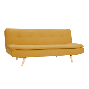 Canapé convertible 3 places en tissu effet velours jaune moutarde et bois clair SENSO