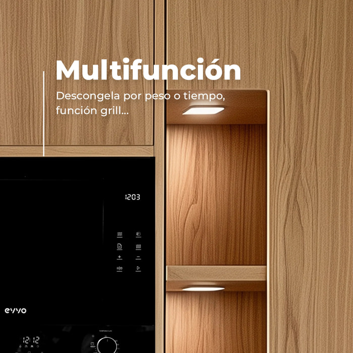 EVVO Microondas integrable Mi45 Glass Black, 25L, grill 1200W, 8 funciones, multifunción, temporizador 60 min, display digital, negro.