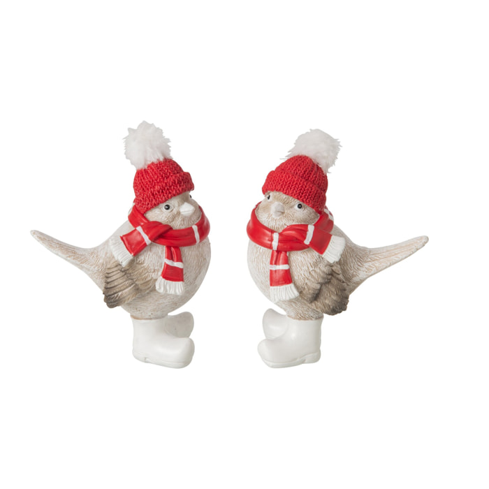 J-Line Oiseau foulard et chapeau - polyrésine - rouge Noël/gris - small - assortiment de 2