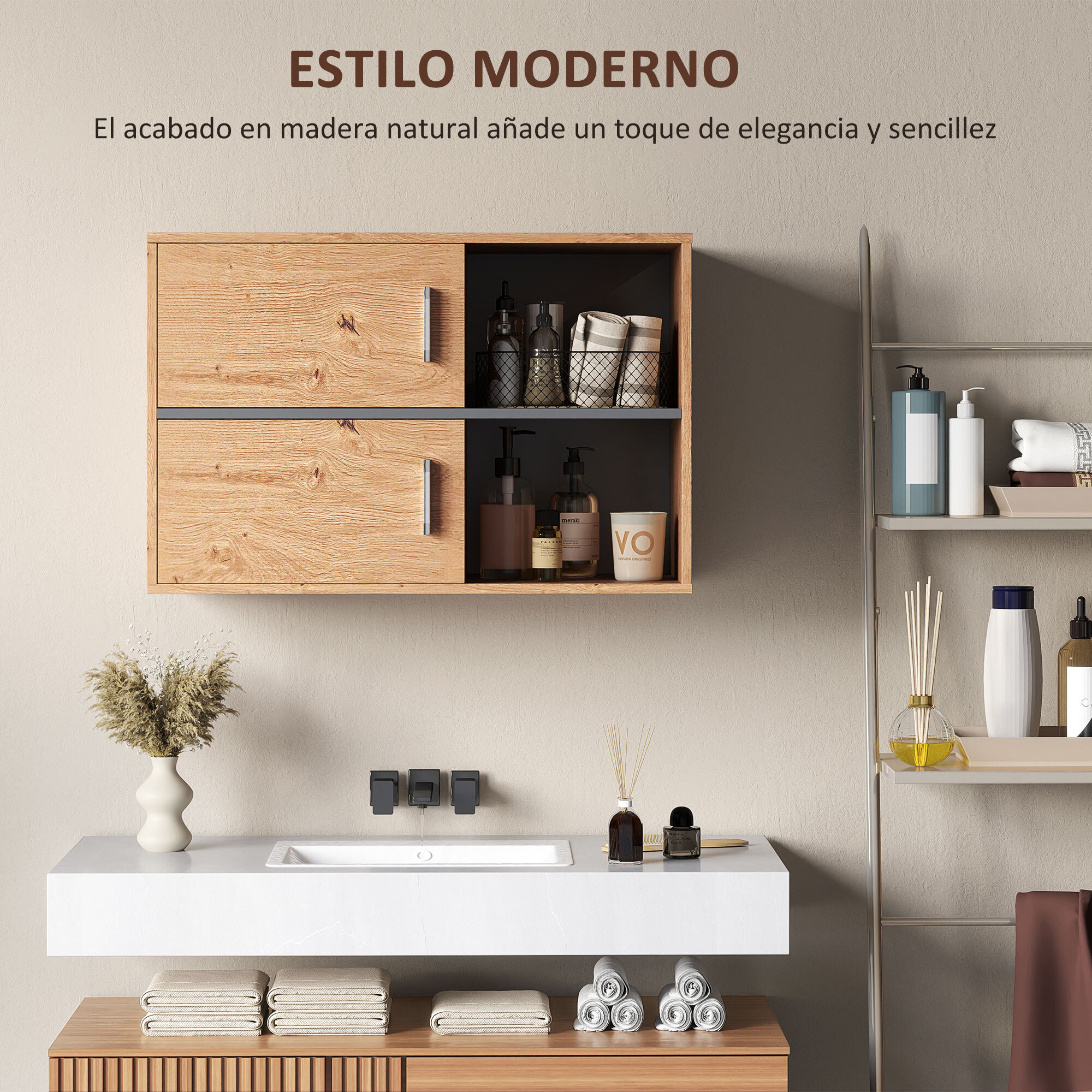 Mueble Auxiliar de Baño Armario de Baño de Pared con Compartimentos Abiertos y 2 Puertas Mueble de Baño Moderno para Cocina Entrada 80x35x57,5 cm Natural