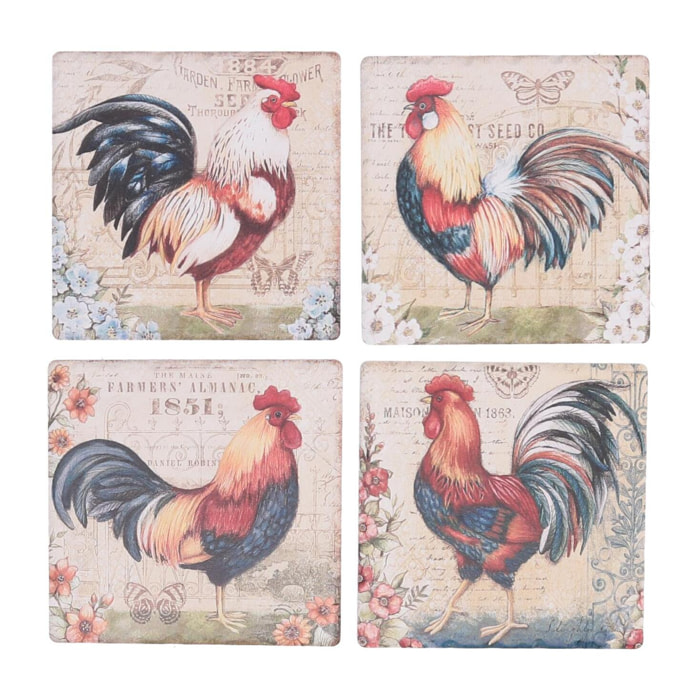 Sottobicchiere in ceramica confezione da 4 pezzi gallo quadro cm10,8x10,8