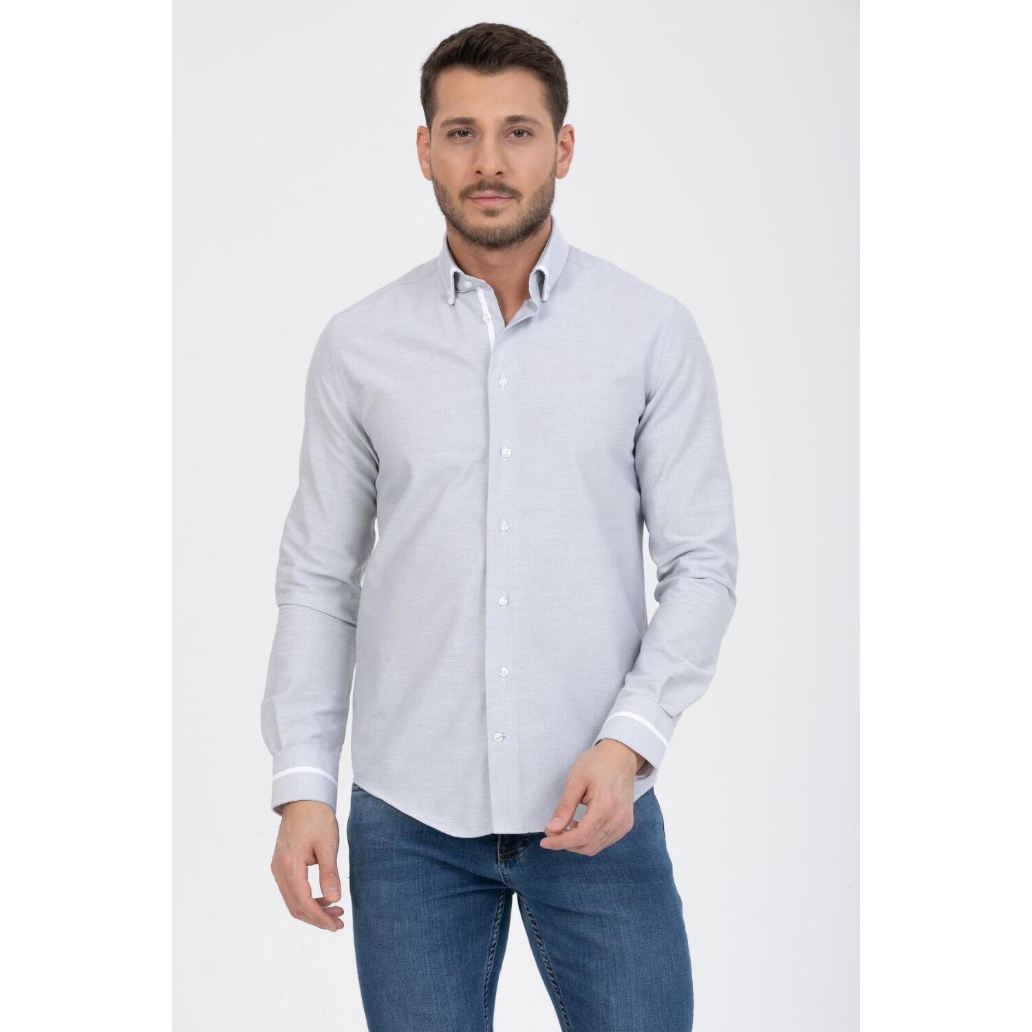 Camicia Uomo 1 Bottoni Button Down Slim Armaturato Fantasia Grigio Scuro/Bianco