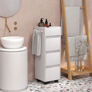 Meuble de salle de bain meuble de rangement avec 4 compartiments sur le dessus, 3 tiroirs et porte-serviettes pour les espaces étroits, 35 x 30 x 90cm, blanc