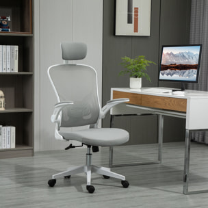 Vinsetto Silla de Oficina de Malla Ergonómica Silla Escritorio Giratoria con Altura Ajustable Reposabrazos Plegable Reposacabezas y Soporte Lumbar Regulables 65x64x114-122 cm Gris