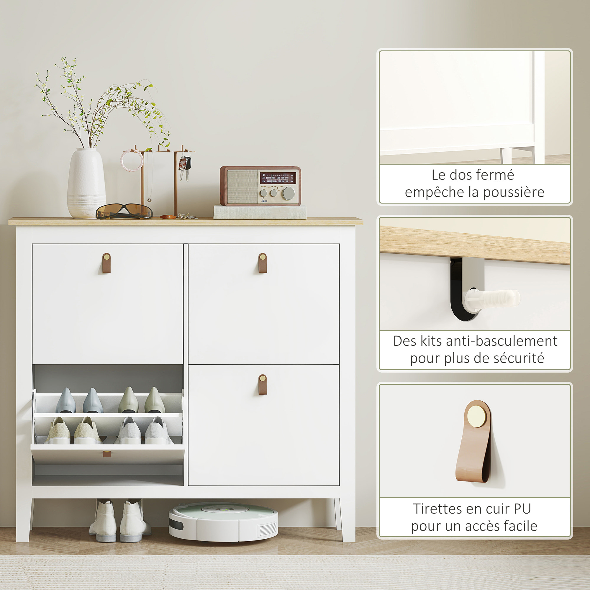 Mueble Zapatero Estrecho Zapatero Entrada Recibidor con 4 Cajones Abatibles Estantes Ajustables y Tiradores de PU para 20 Pares de Zapatos para Pasillo 105x24x95,5 cm Blanco