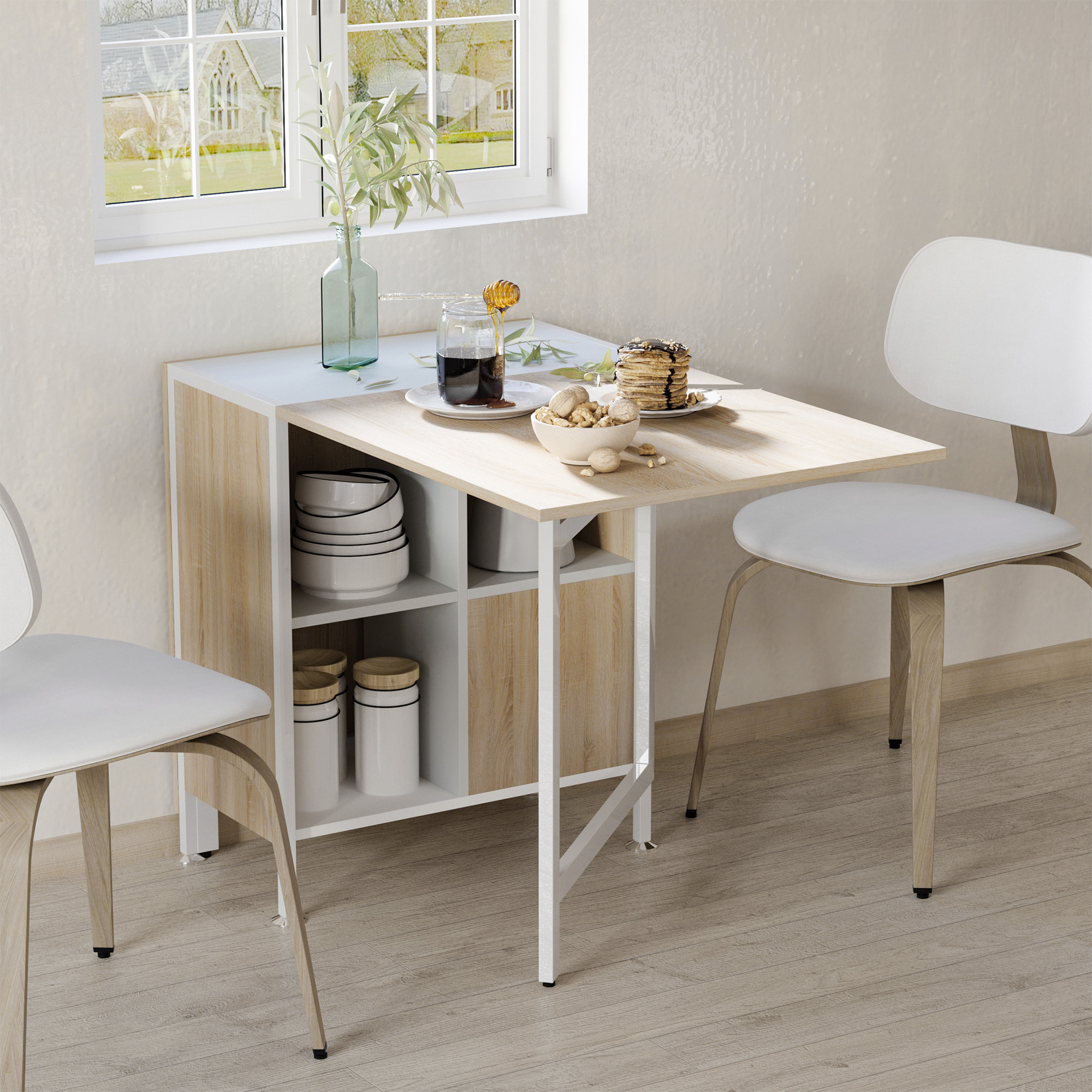 Table pliable de cuisine salle à manger 4 niches intégrées dim. dépliées 169L x 62l x 75H cm MDF chêne clair acier blanc