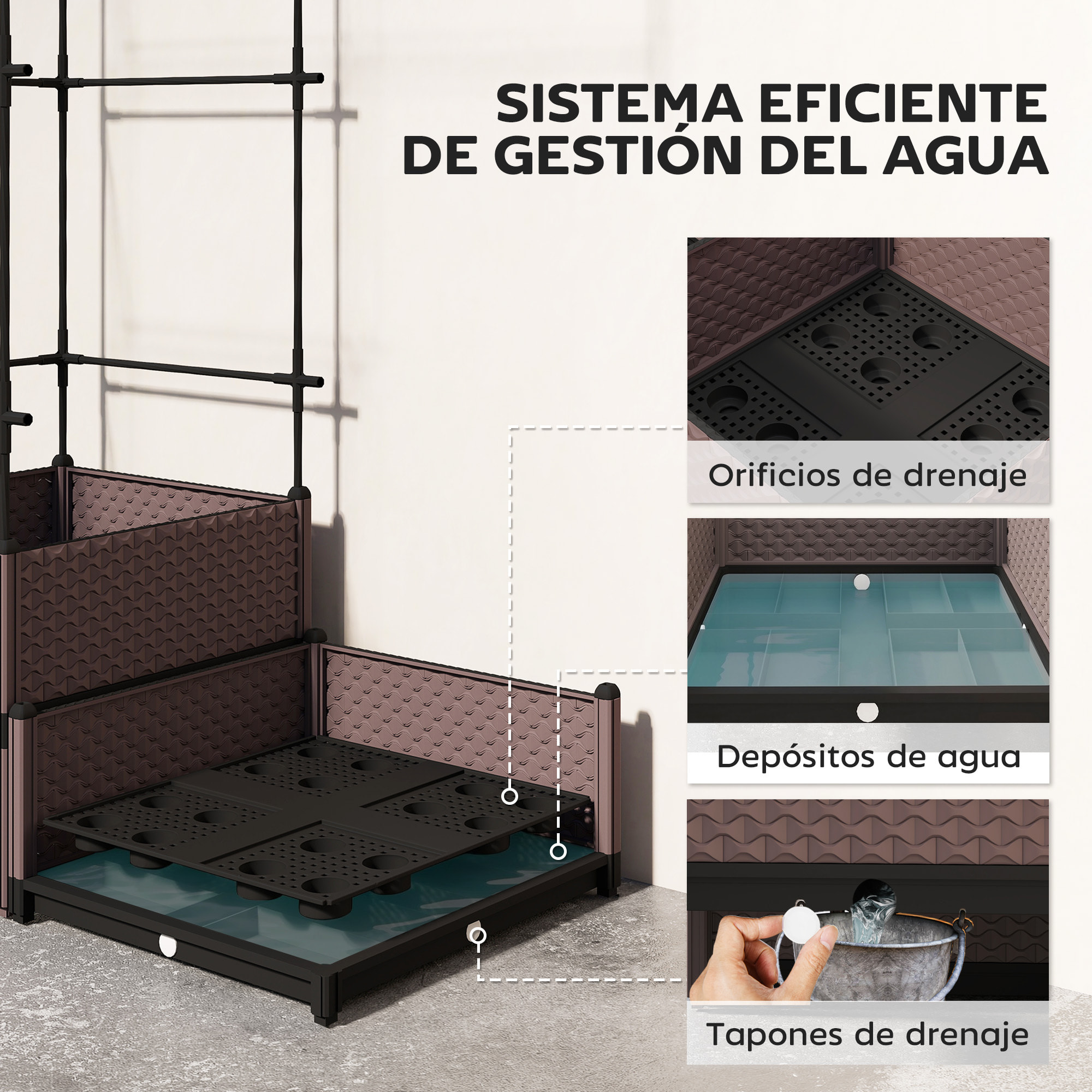 Jardinera con Enrejado Metálico, Jardinera Exterior Grande para Plantas Trepadoras, 2 Macetas de PP con Orificios de Drenaje, Tapones, Macetero Elevado para Jardín Patio, 100x50x174 cm, Negro