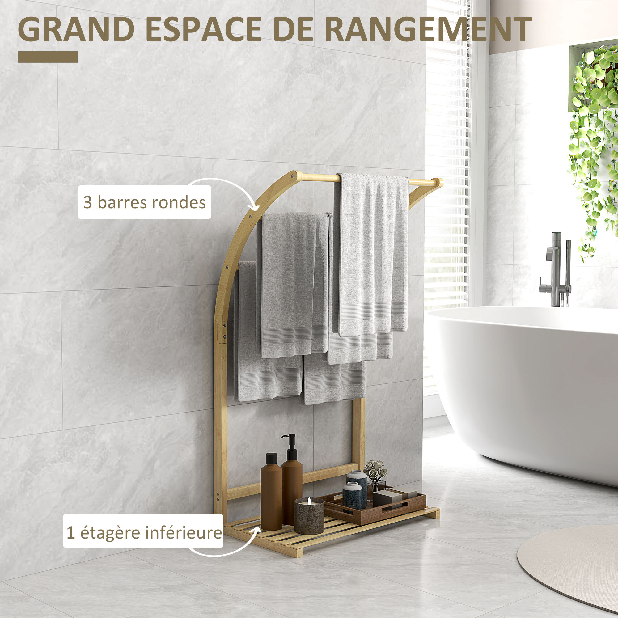 Porte-serviettes style cosy bambou verni 3 barres étagère sol H.84 cm