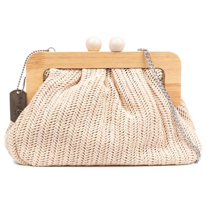Benestare Bolso bandolera Mujer. Tela con detalles de madera natural y piel sintética.