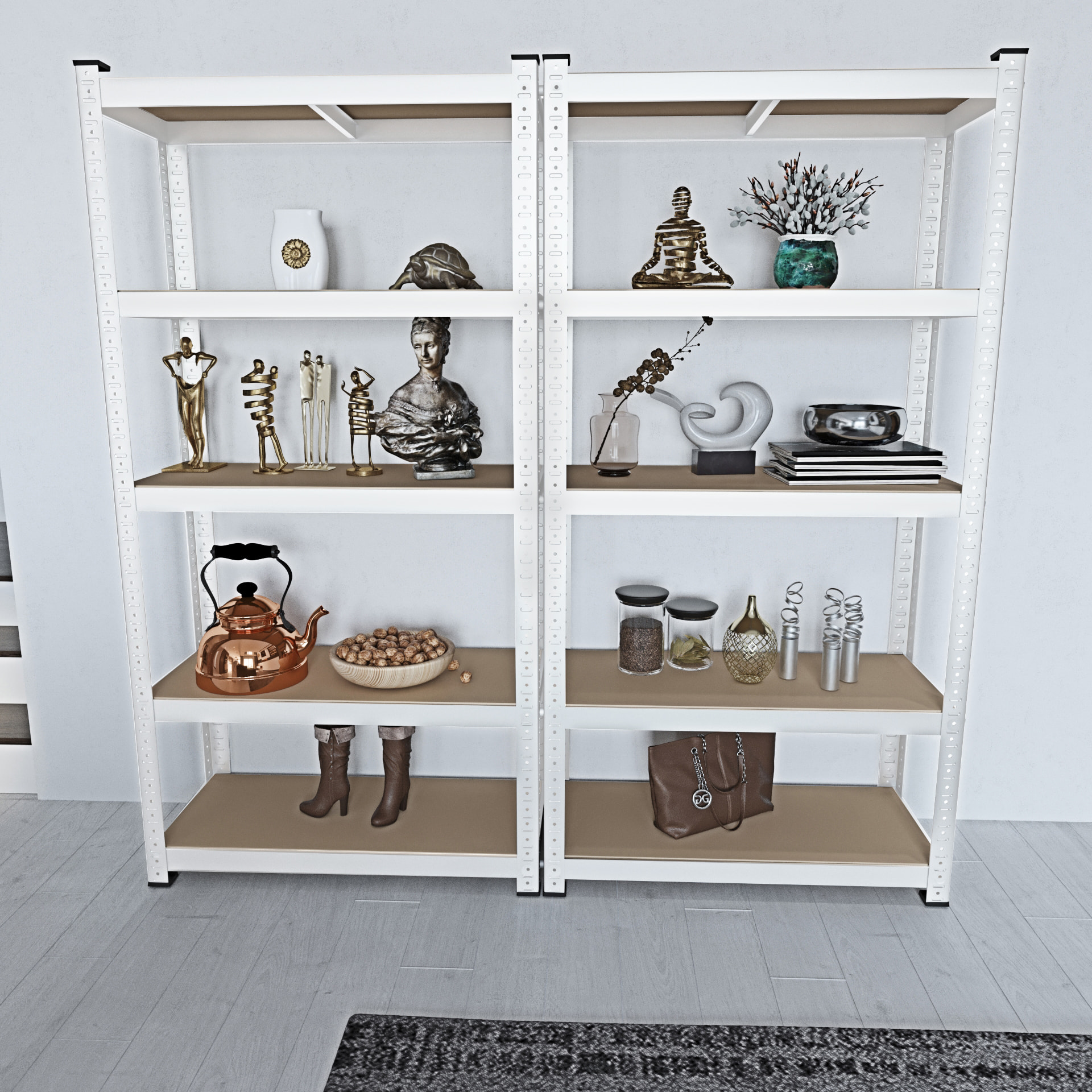 Set di 2 Scaffali In Metallo e MDF - Alta Portata Fino a 875 kg - 5 Ripiani Per Garage Officina Cantina Magazzino - Modulare - Bianco - 180x90x40 cm