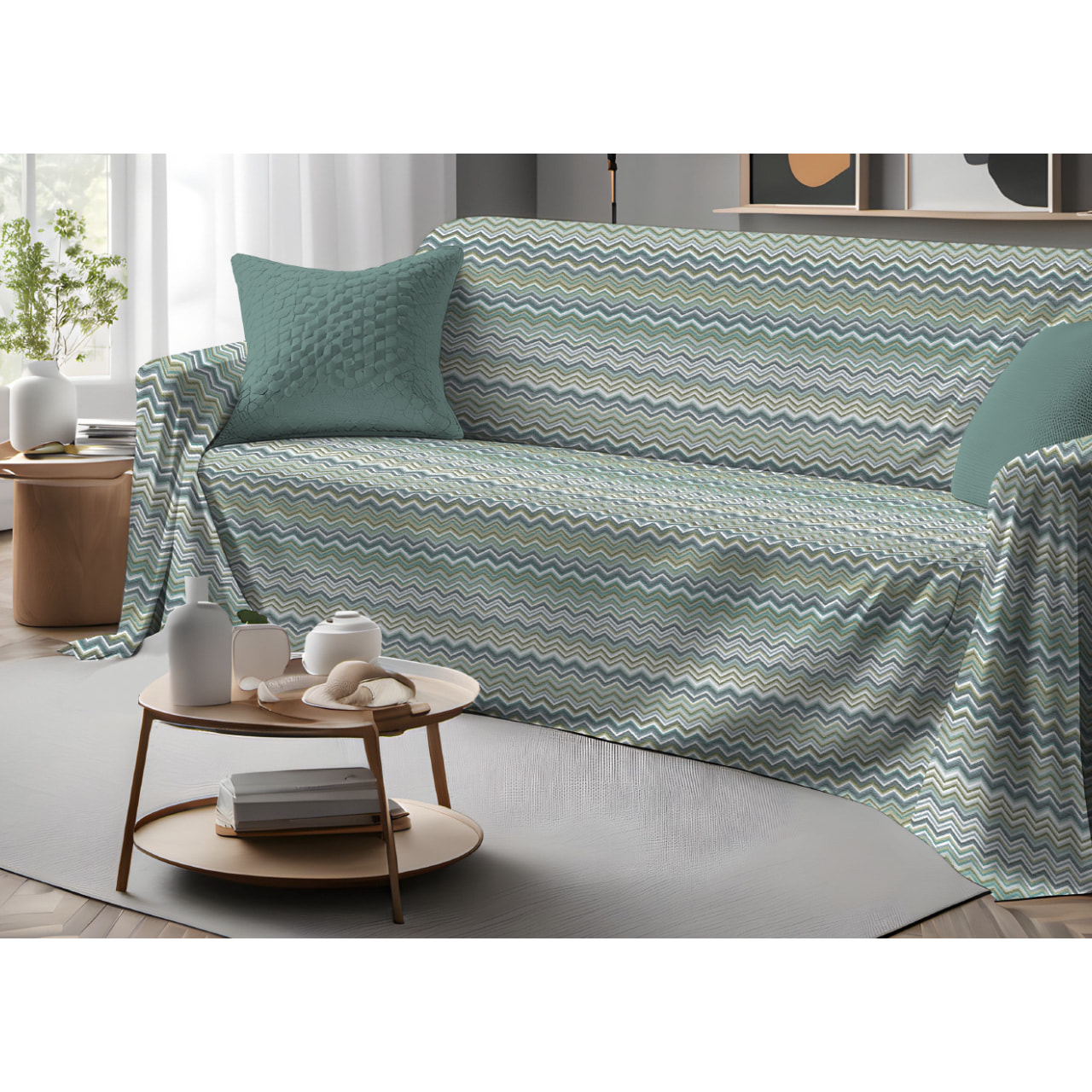 Telo Arredo Copritutto Grand Foulard Copridivano Copriletto 100% Cotone Disegno Baia Verde