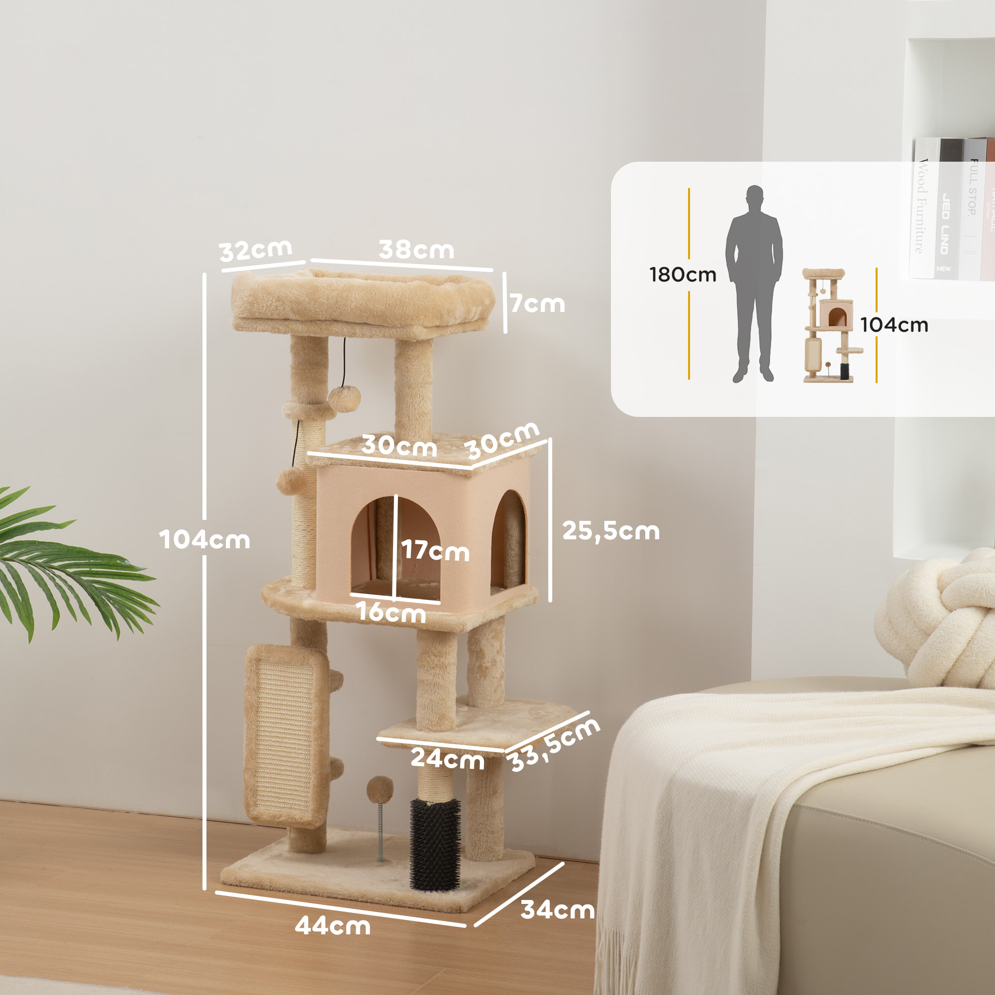 Arbre à chat H.104 cm - griffoir, grattoir, bande massante, jeux boules, niche, plateforme observation - beige