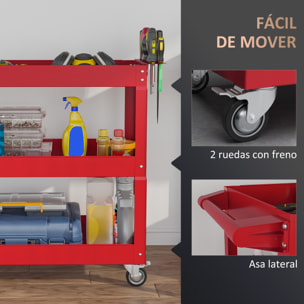 Carro de Herramientas con Ruedas Carro de Taller de Acero con 3 Estantes de Almacenamiento y Asa Lateral para Garaje Mecánico Hogar Carga 150 kg 83x35,3x76 cm Rojo