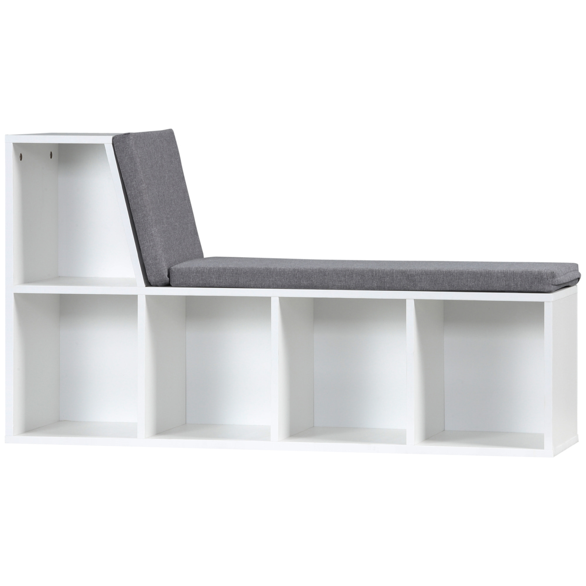 Bibliothèque banc 2 en 1 design contemporain 5 casiers 2 coussins fournis 108L x 30l x 60H cm blanc gris chiné