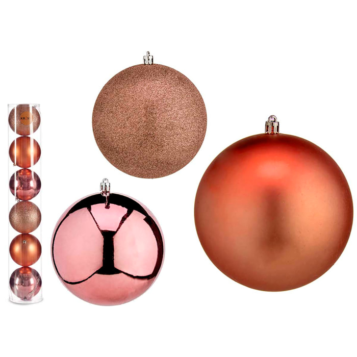 Set di 6 palle di Natale da 12 cm di colore rame, assortite in 3 design: uniforme, lucido e texturizzato.