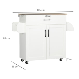 Isla de Cocina con Ruedas, Carrito de Cocina con Cajón, 2 Puertas, Toallero y Especiero, Estante Ajustable, para Comedor, 105x36x85 cm, Blanco