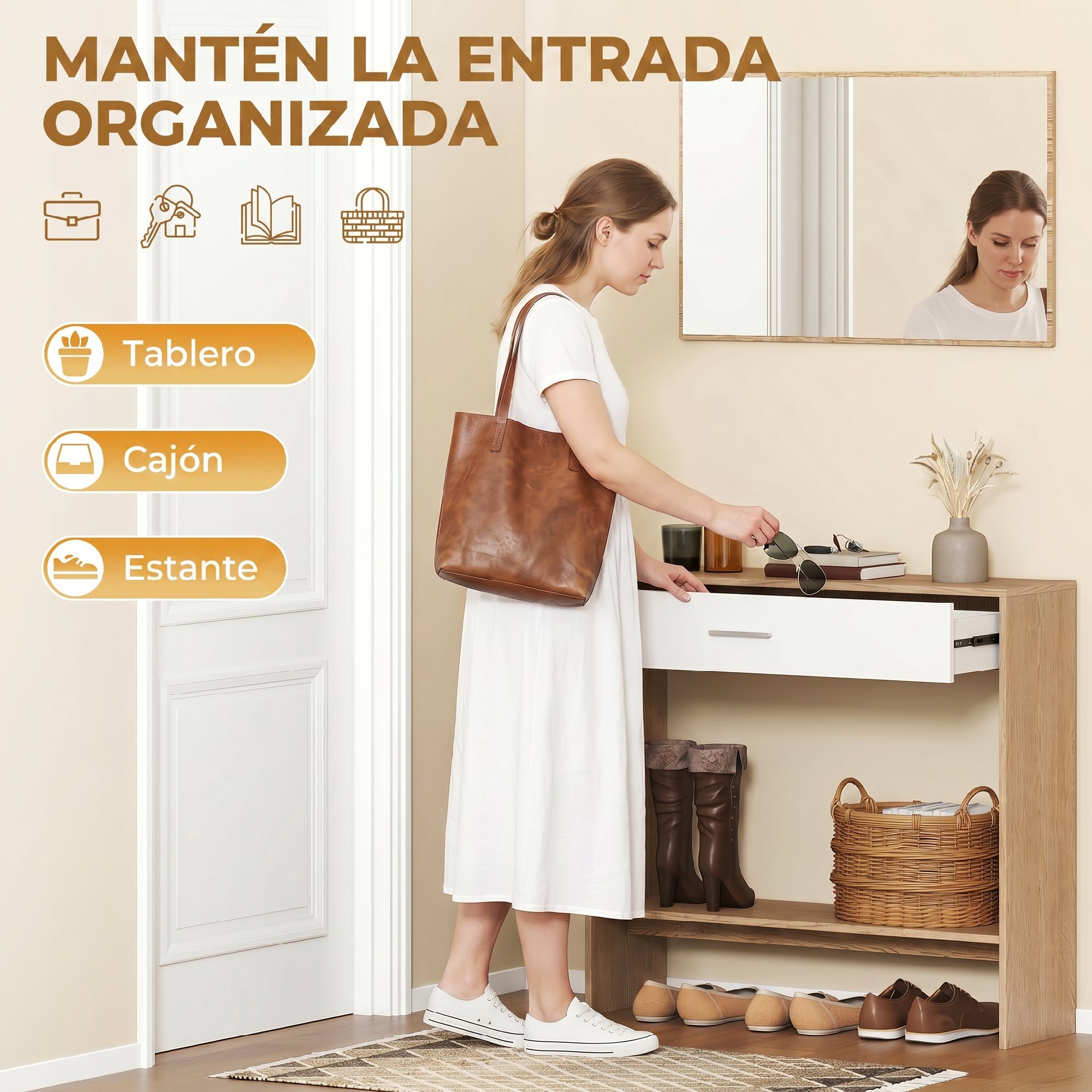 Recibidor de Entrada con Espejo, Cajón y Estante, Mueble de Recibidor de 2 Piezas con Mesa Consola y Espejo, Diseño Antivuelco, para Pasillo, 91,5x27,9x85,5 cm, Roble