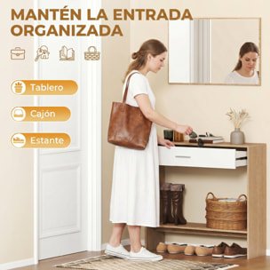 Recibidor de Entrada con Espejo, Cajón y Estante, Mueble de Recibidor de 2 Piezas con Mesa Consola y Espejo, Diseño Antivuelco, para Pasillo, 91,5x27,9x85,5 cm, Roble