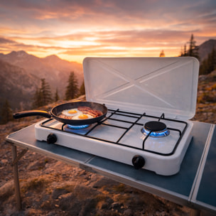 Fornello A Gas Portatile 2 Fuochi con Coperchio Piano Cottura Campeggio GPL Gas Naturale Fornello da Camping In Acciaio Con Griglie Bianco