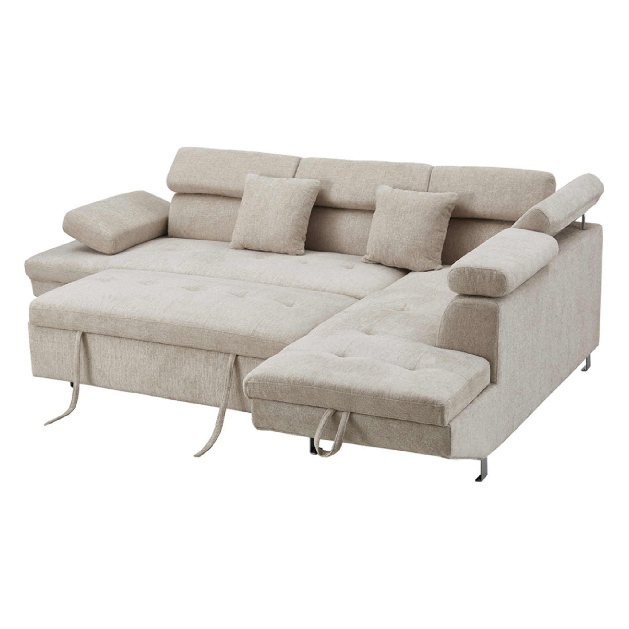 Margaux - Canapé d'angle droit 5 places convertible avec coffre et têtières réglables en velours texturé - Beige